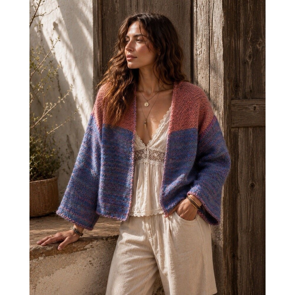 Handmade Fuzzy Knit Cardigan Open Front Kimono Sleeve Boho Wearable Art Cottage